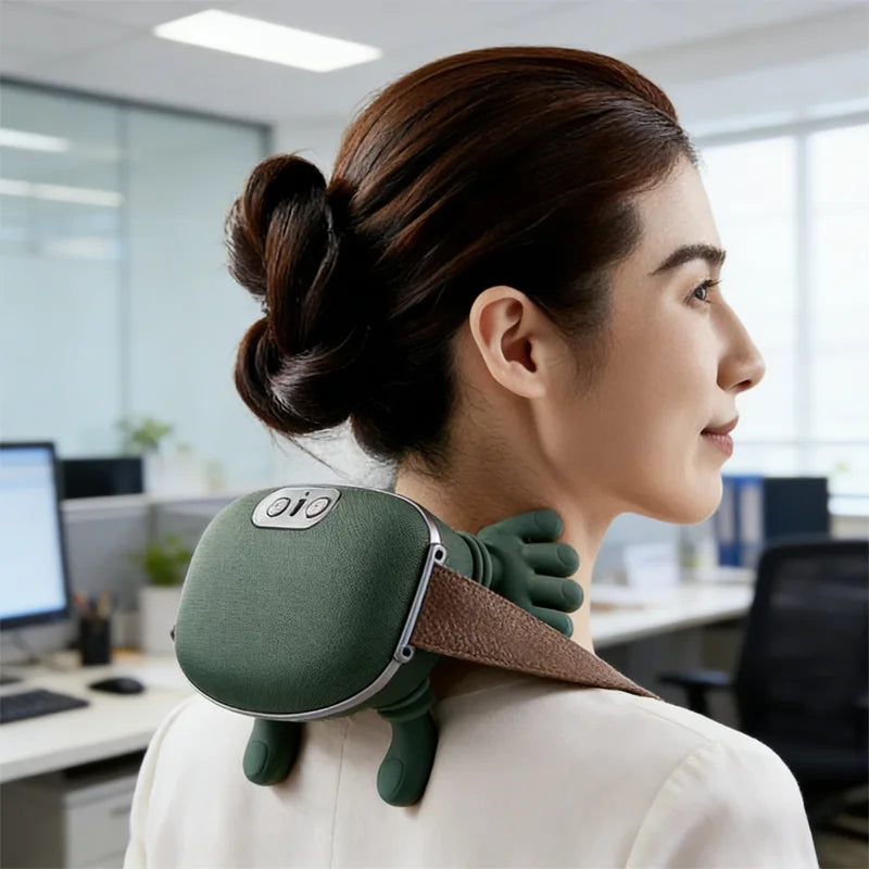 Woman using biometric neck massager for trapezius and shoulder pain relief at office